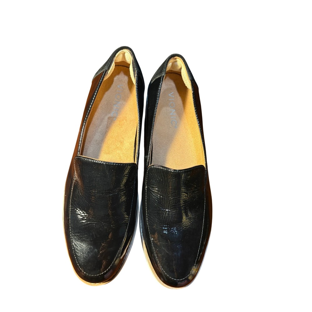 Vionic Womens Black Patent Leather Suede Heel Lug Sole Platform Loafers Size 8.5 - Picture 2 of 13